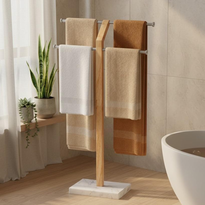 Width Adjustable Free Standing Towel Rack with 3X Thicker Weighted Natural Marble Base, KES 2-Tier Wooden Towel Rack Stand for Bathroom Floor, 18/8 Stainless Steel, Brushed Finish, BTH800-2