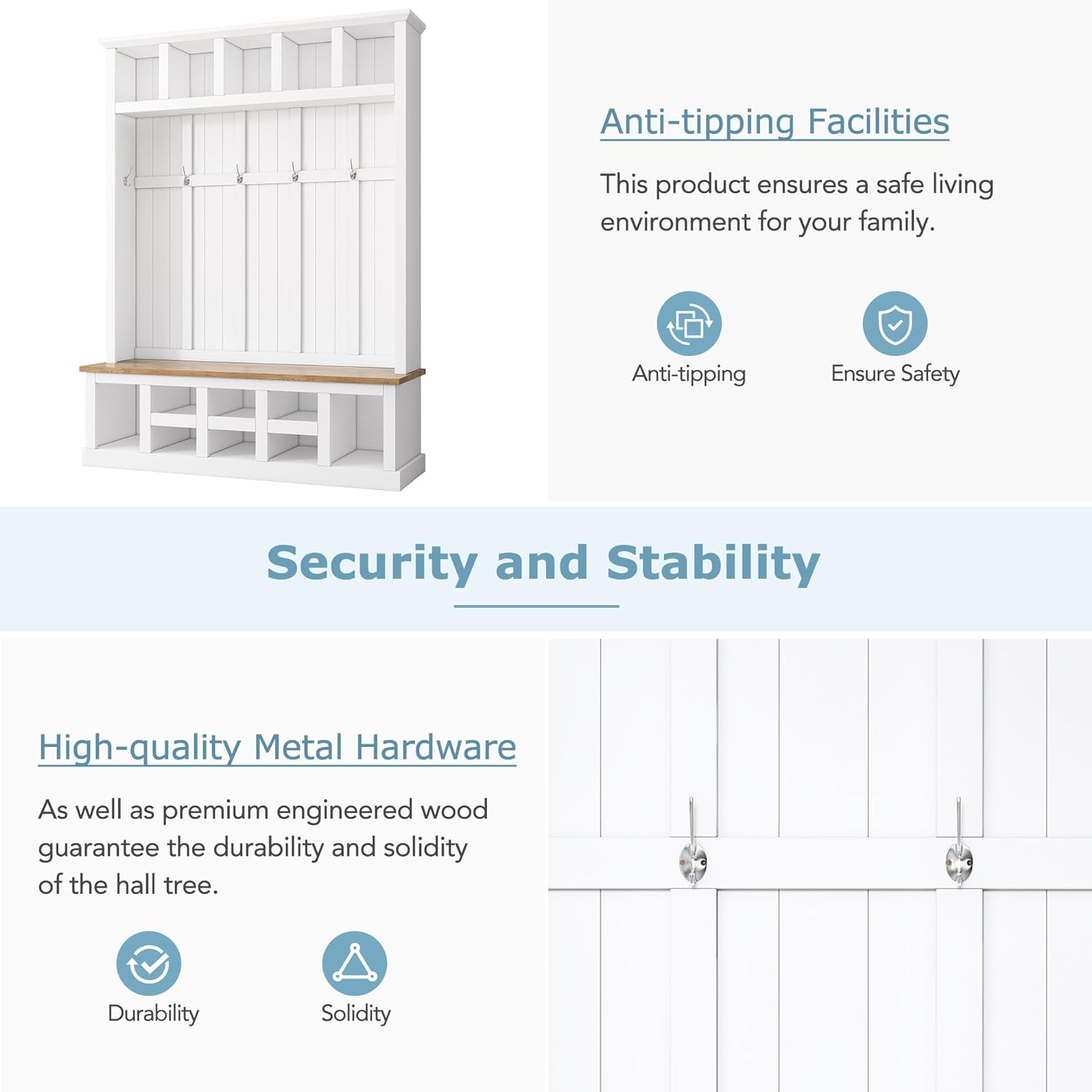 Merax Wood Hall Tree Entryway Bench with Storage Cabinet, 6 Hooks Coat Racks for Entrance, Hallway White