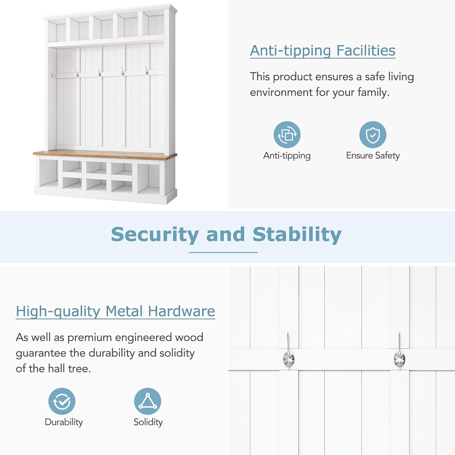 Merax Farmhouse Wood Hall Tree with Bench and Shoe Storage, 5-in-1 Coat Rack with 6 Hooks for Entrance, Hallway White