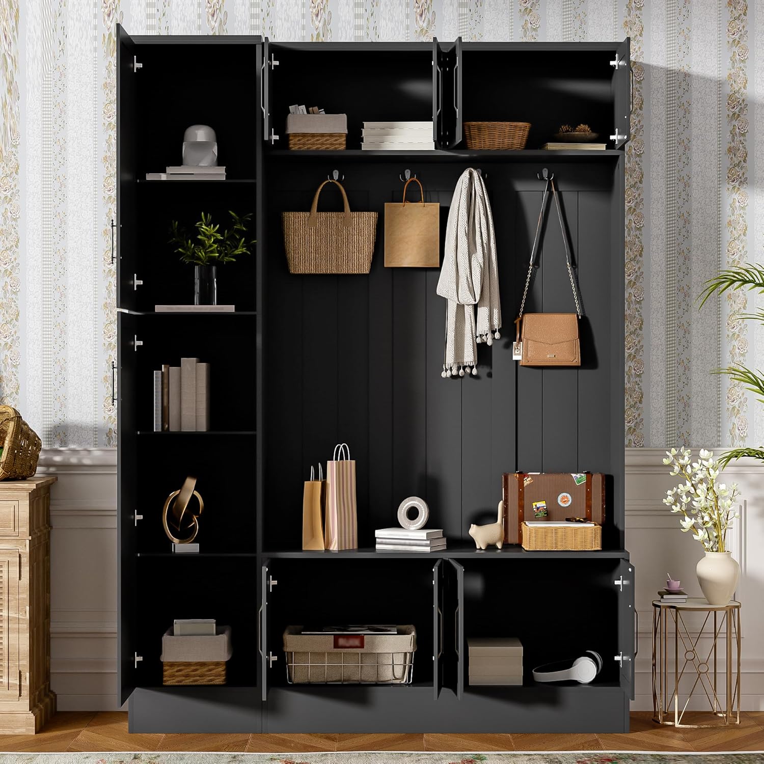 Merax Farmhouse Wood Hall Tree with 6 Hooks and Shoe Bench, Mudroom Versatile Coat Racks with 6 Cabinets & Adjustable Shelf, Entrance Organizer for Hallway, Entryway, Living Room Black