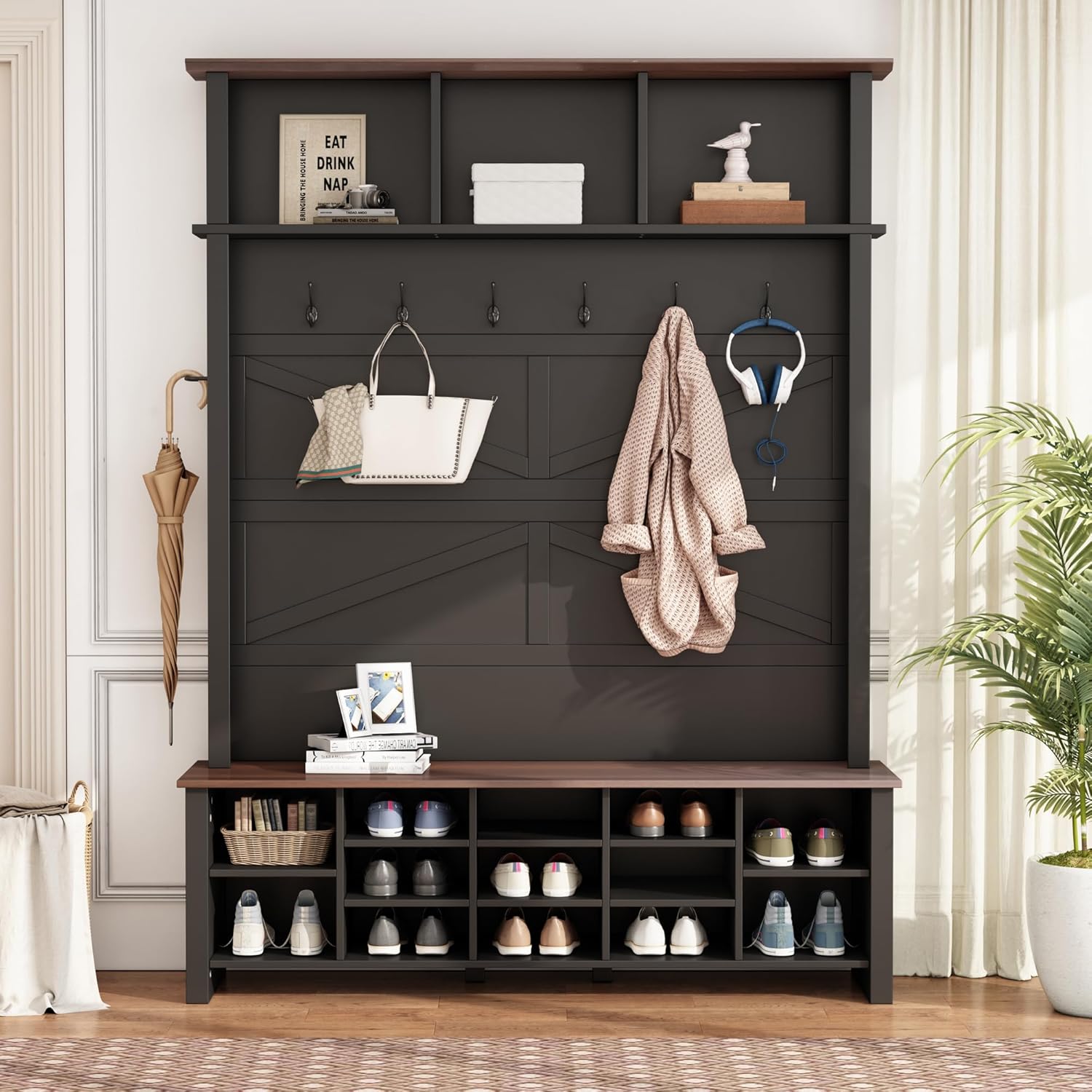 Wide Hall Tree with Storage Bench, Wood Coat Rack with 4 Drawers and 7 Hooks, Detachable Mudroom Organizer with Shoes Storage Shelves for Entryway Hallway, White