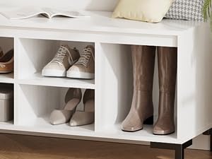 VOWNER Coat Rack Set, Shoe Bench Set with 9 Open Storage Cubbies, 4 Storage Cubbies with Doors, 6 Shoe Cubbies & 5 Coat Hooks, Hall Tree Entryway Bench, White
