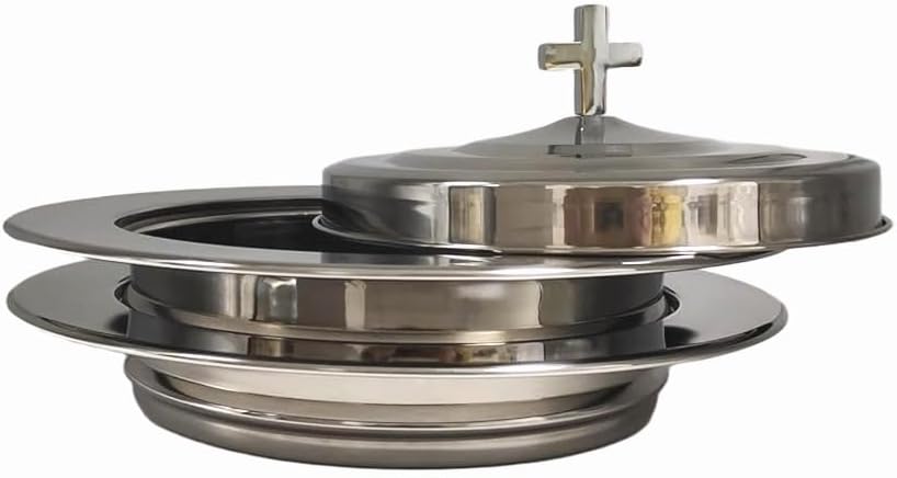 Polished Steel Communion Bread Plate Set with 1 Cover for Churches, Stackable Bread Tray Plates with Lid