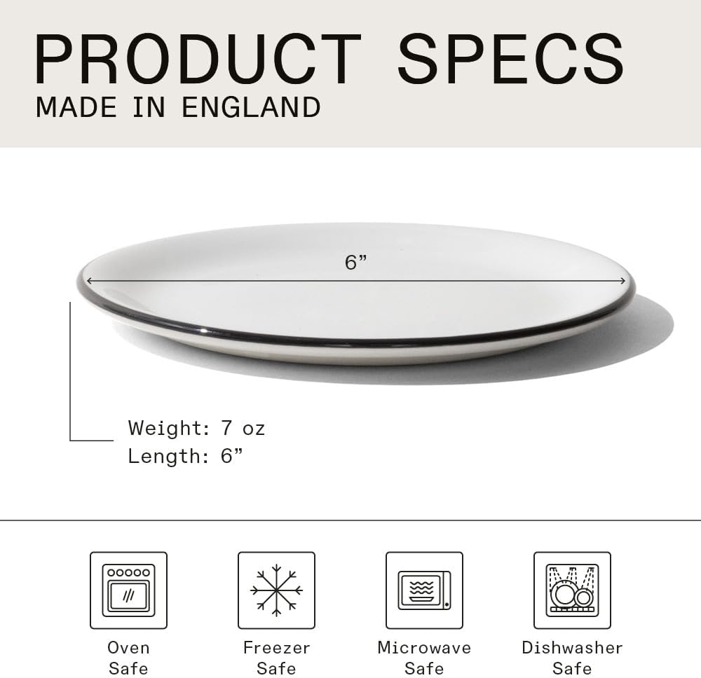 Made In Cookware - Set of 4 - Bread and Butter Plates - White With Black Rim - Porcelain - Crafted in England