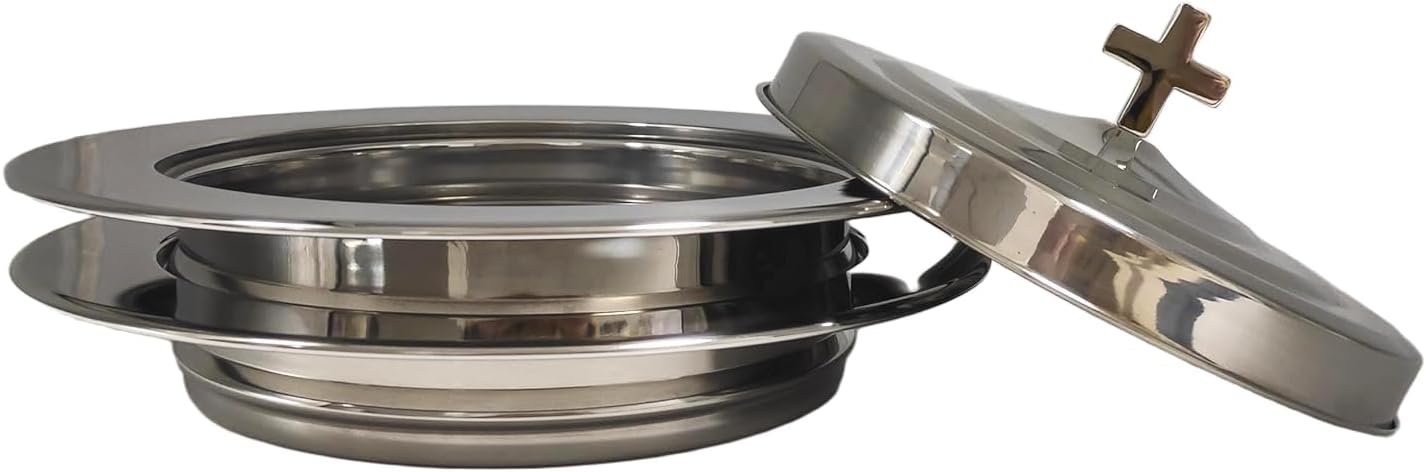 Polished Steel Communion Bread Plate Set with 1 Cover for Churches, Stackable Bread Tray Plates with Lid