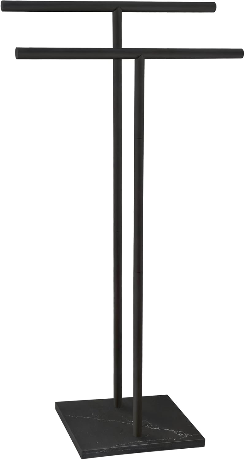 40 Inch Standing Towel Rack Double-T Shape Tall Bath Towel Sheet Holder with Marble Design Base for Bathroom Floor Next to Tub or Shower 2 Tier Towel Holder Stand Stainless Steel Brushed Nickel