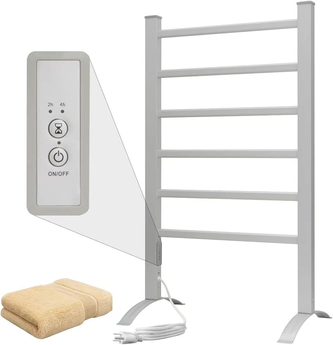 KEG Towel Warmer 8 Bars for Bathroom Freestanding or Wall Mounted Bath Towel Heater Plug-in with Built-in Timer Silver