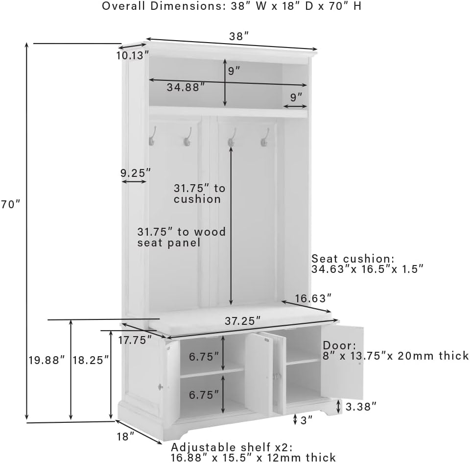 Crosley Furniture Holbrook Hall Tree with Shoe Rack Bench and Coat Hooks for Hanging Storage, Distressed White