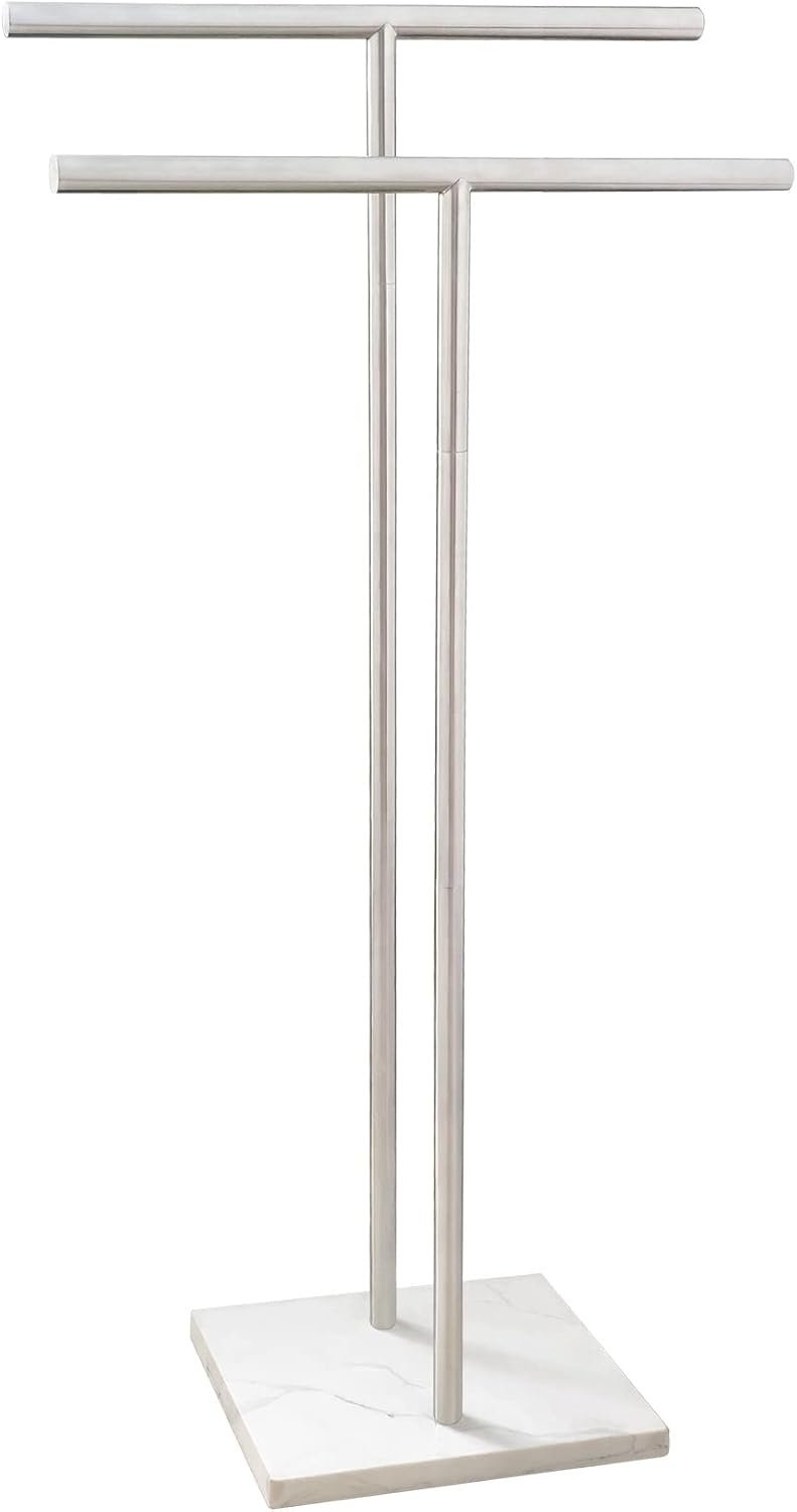 40 Inch Standing Towel Rack Double-T Shape Tall Bath Towel Sheet Holder with Marble Design Base for Bathroom Floor Next to Tub or Shower 2 Tier Towel Holder Stand Stainless Steel Brushed Nickel