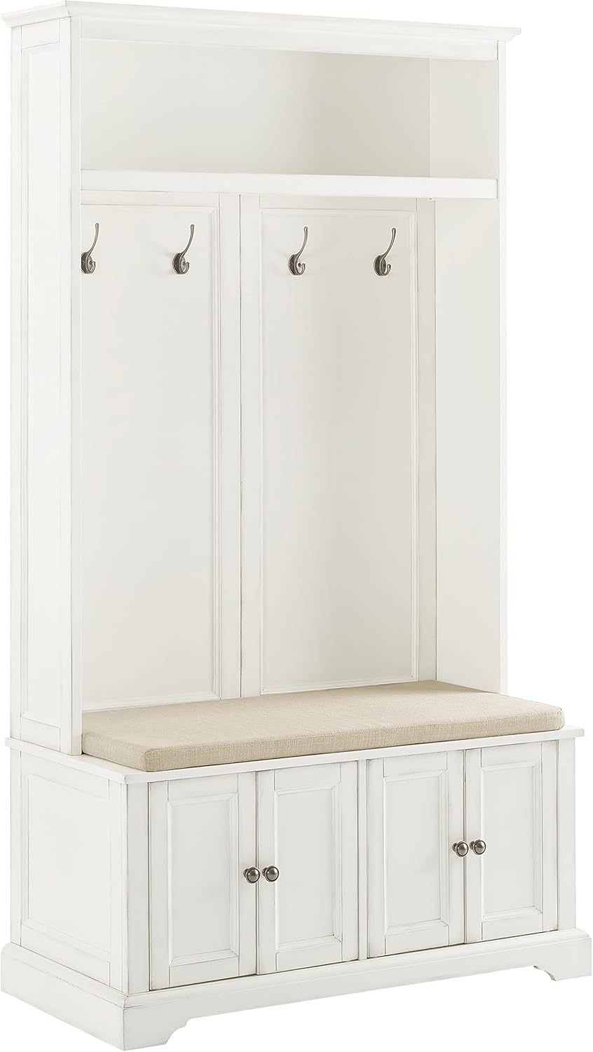 Crosley Furniture Holbrook Hall Tree with Shoe Rack Bench and Coat Hooks for Hanging Storage, Distressed White