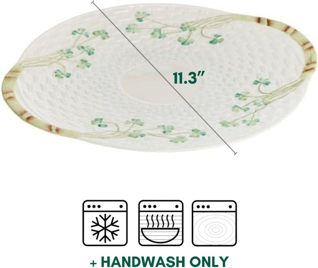 Belleek Classic Shamrock 11" Bread Plate - Handmade Porcelain Ceramic Serving Platter with Handles - White Decorative Serving Tray - Oven Safe Serving Dish, Tray for Kitchen Counter