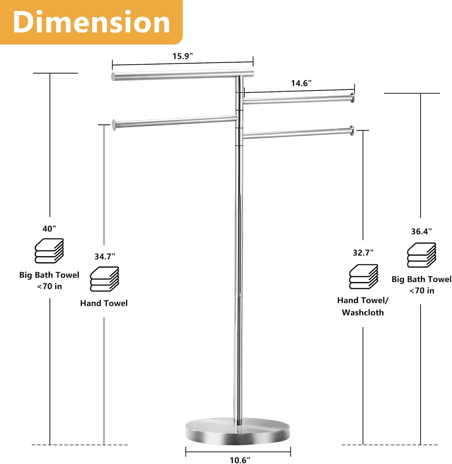 Freestanding Towel Rack, 40 Inch Tall Standing Towel Racks for Bathroom with Weighted Base, Modern Floor Towel Drying Holder Stand with 4 Swivel Arms, Stainless Steel, Chrome, YOFOVI