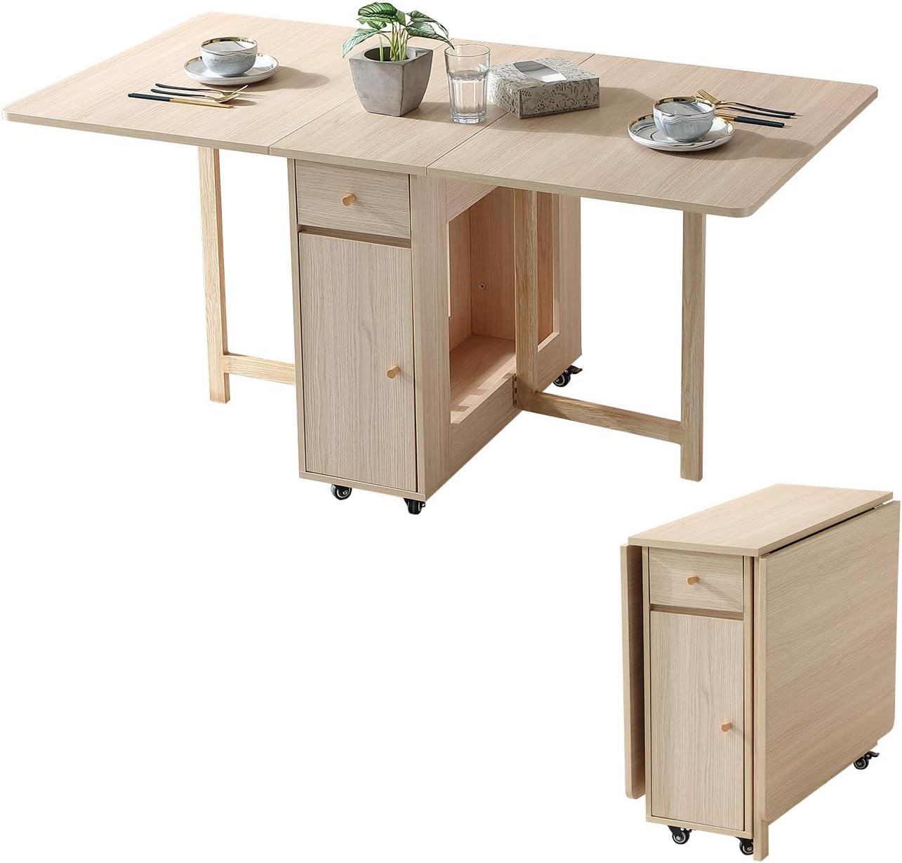 Extendable Drop Leaf Foldable Dining Table with 2 Drawers and 4 Wheels for Living Room Kitchen Farmhouse Space Saving Table in Walnut
