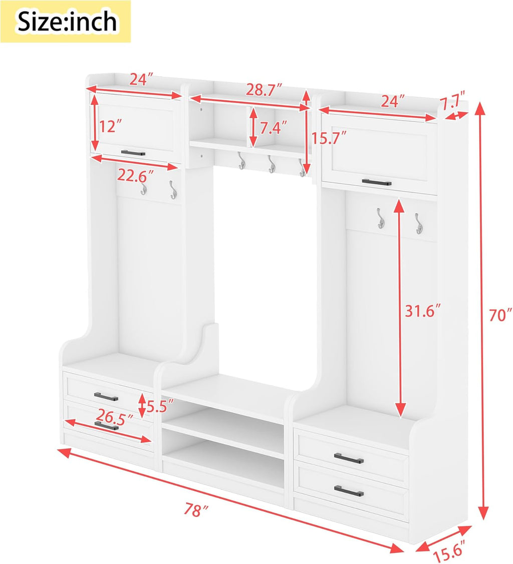 Wide Hall Tree with Storage Bench, Wood Coat Rack with 4 Drawers and 7 Hooks, Detachable Mudroom Organizer with Shoes Storage Shelves for Entryway Hallway, White