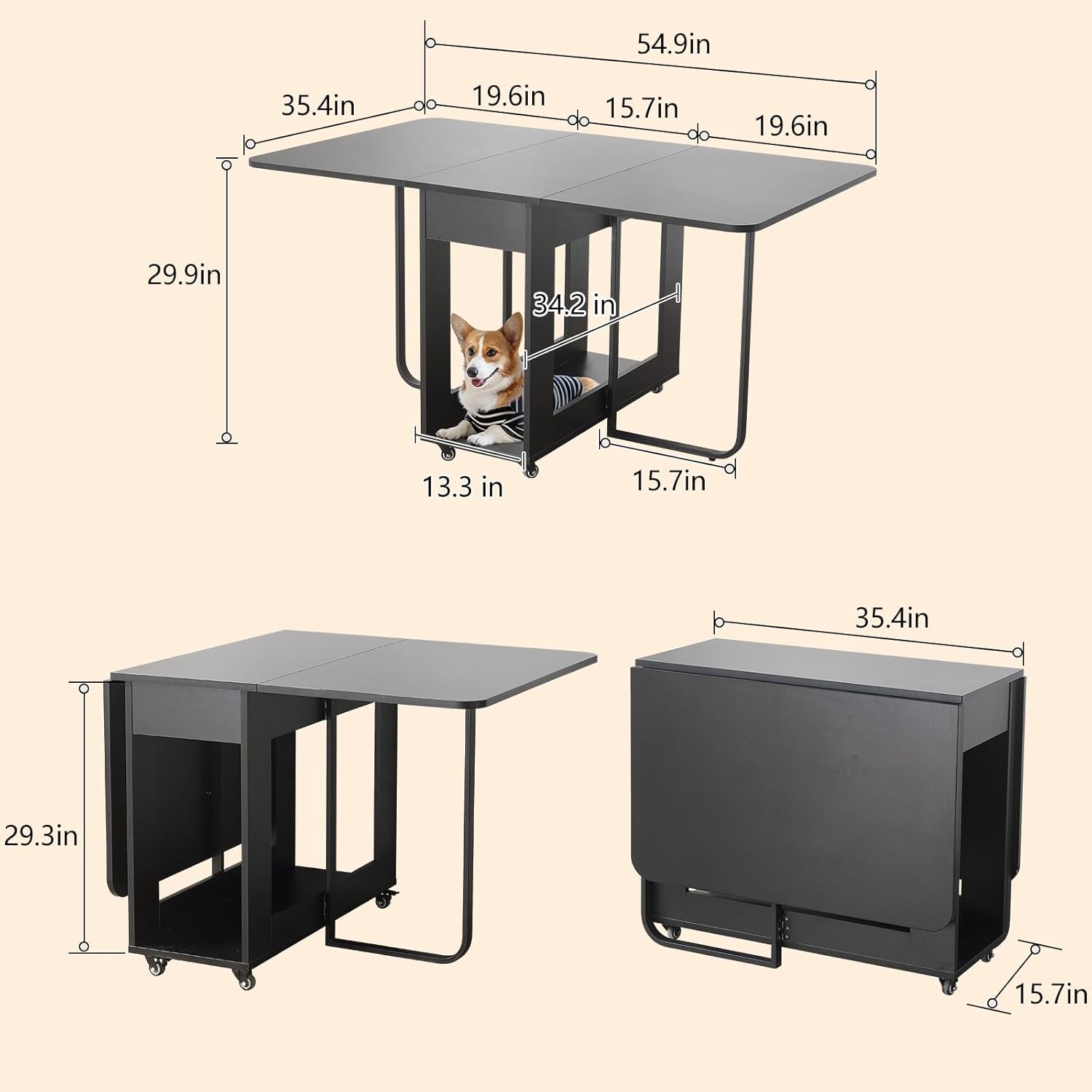 Folding Dining Room Table for 4/6 with 35.4" Extra Wide Space Saving Drop Leaf Table with Lockable Wheels & Storage, Heavy Duty Eco Solid Wood Top 300lb, Convertible Desk for Apartments/RV/Home Office