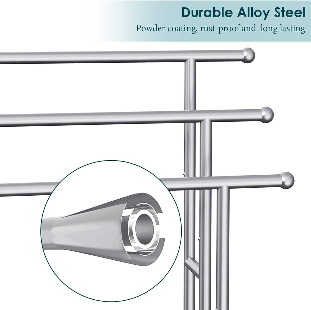 40" Tall Freestanding Towel Racks for Bathroom, 3 Tier Floor Towel Rack with Storage Basket, Blanket Ladder Drying and Display Rack for Large Bath & Hand Towel Outdoor Poolside (Silver)