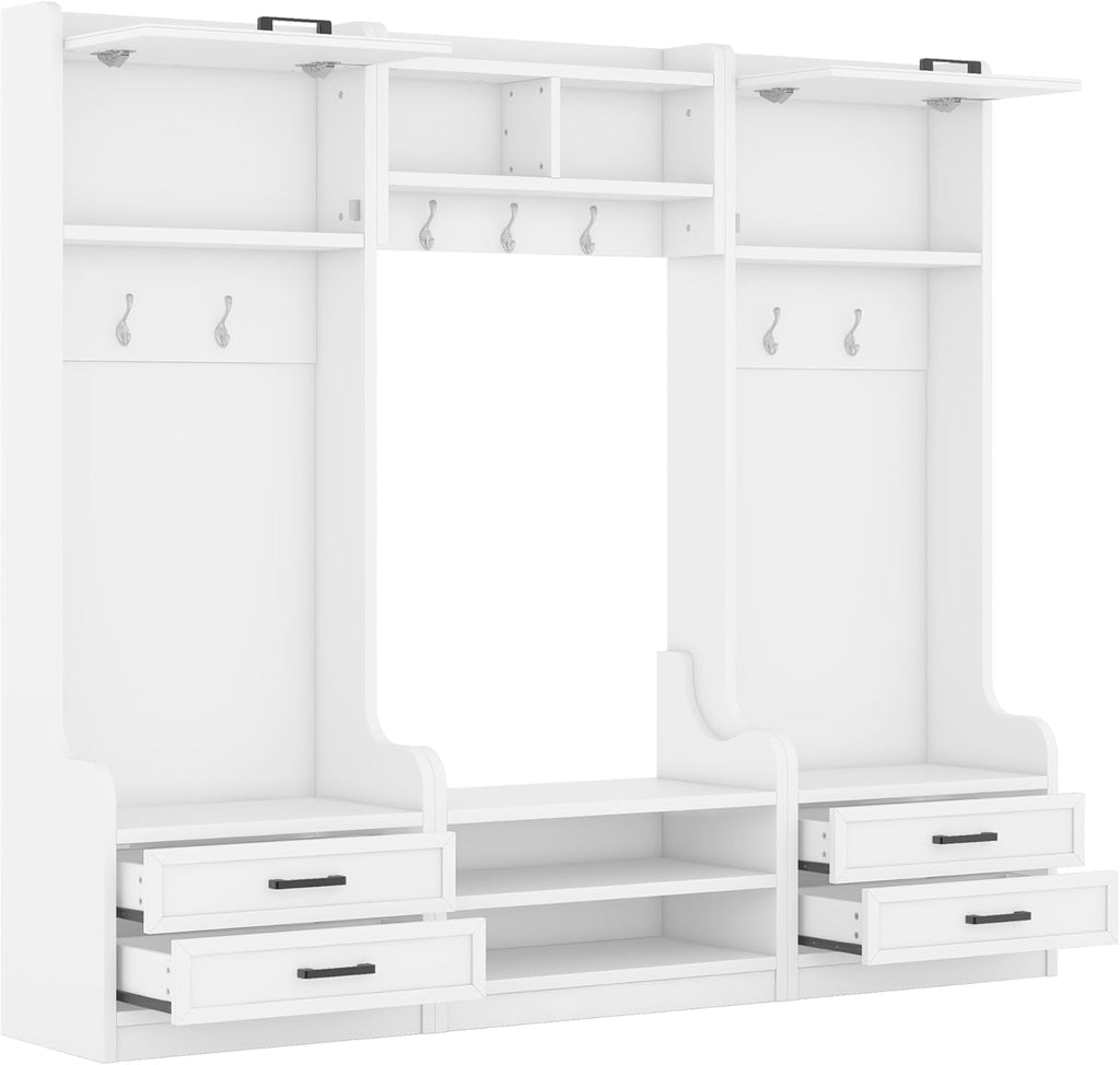 Wide Hall Tree with Storage Bench, Wood Coat Rack with 4 Drawers and 7 Hooks, Detachable Mudroom Organizer with Shoes Storage Shelves for Entryway Hallway, White