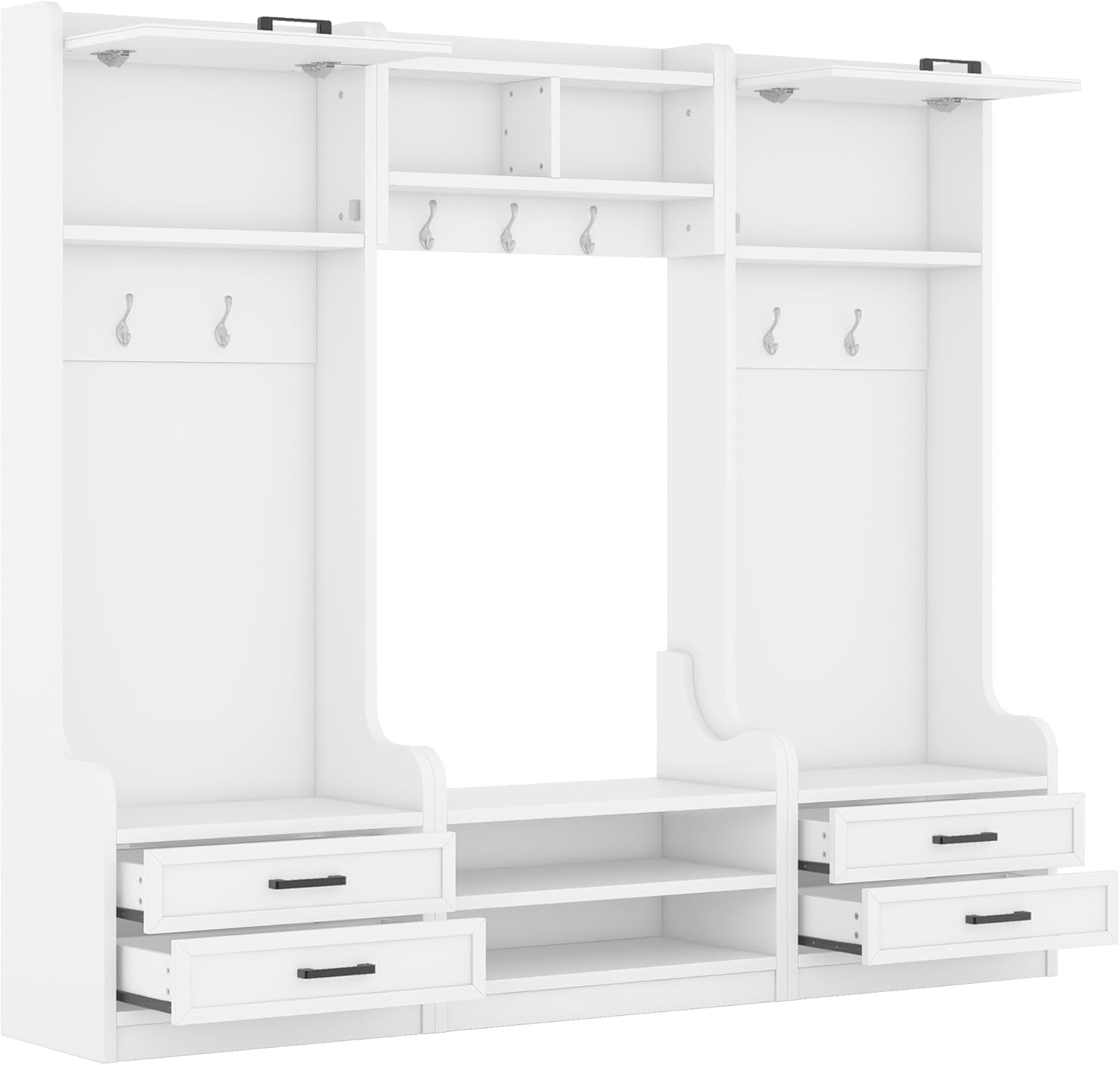 Wide Hall Tree with Storage Bench, Wood Coat Rack with 4 Drawers and 7 Hooks, Detachable Mudroom Organizer with Shoes Storage Shelves for Entryway Hallway, White