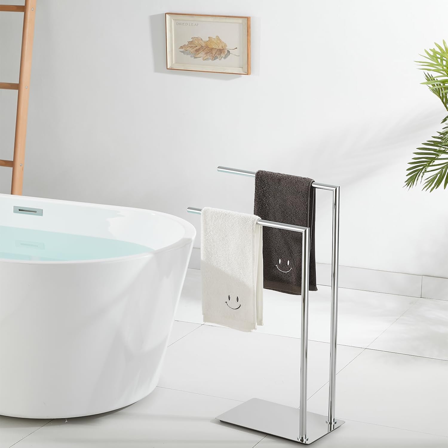 Freestanding Towel Rack for Bathroom Bath Towel Holder Standing on Floor Double Towel Bar Brass Chrome