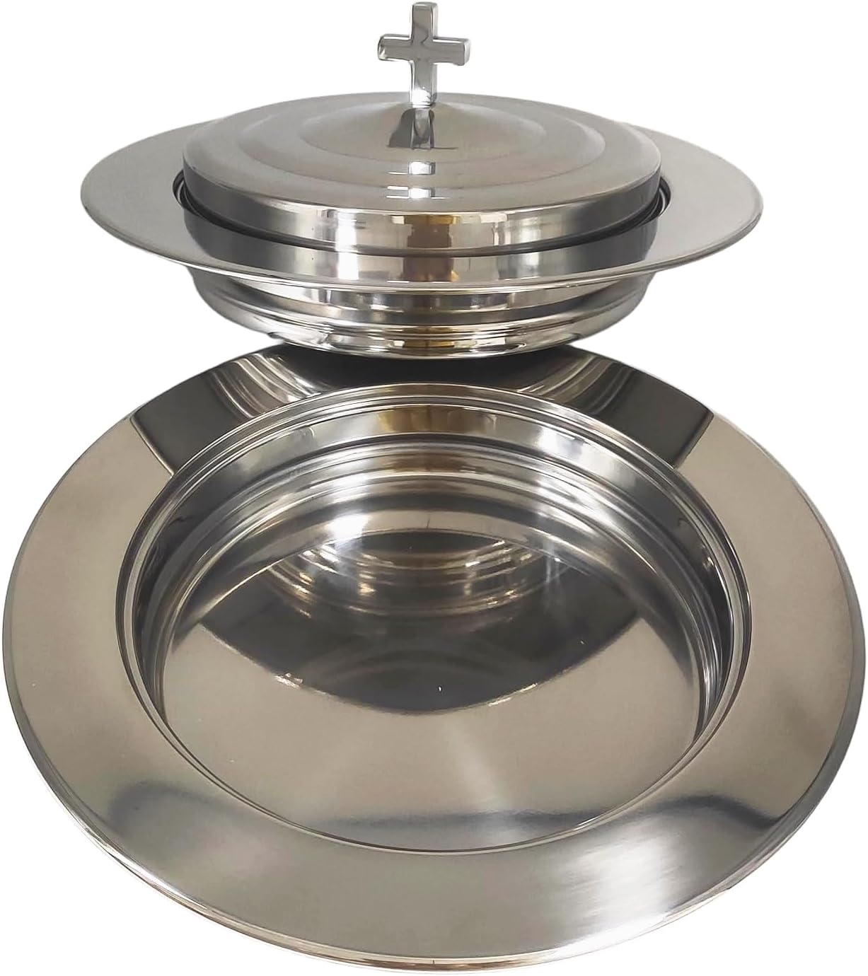 Polished Steel Communion Bread Plate Set with 1 Cover for Churches, Stackable Bread Tray Plates with Lid
