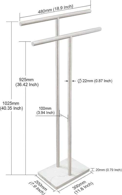 40 Inch Standing Towel Rack Double-T Shape Tall Bath Towel Sheet Holder with Marble Design Base for Bathroom Floor Next to Tub or Shower 2 Tier Towel Holder Stand Stainless Steel Brushed Nickel