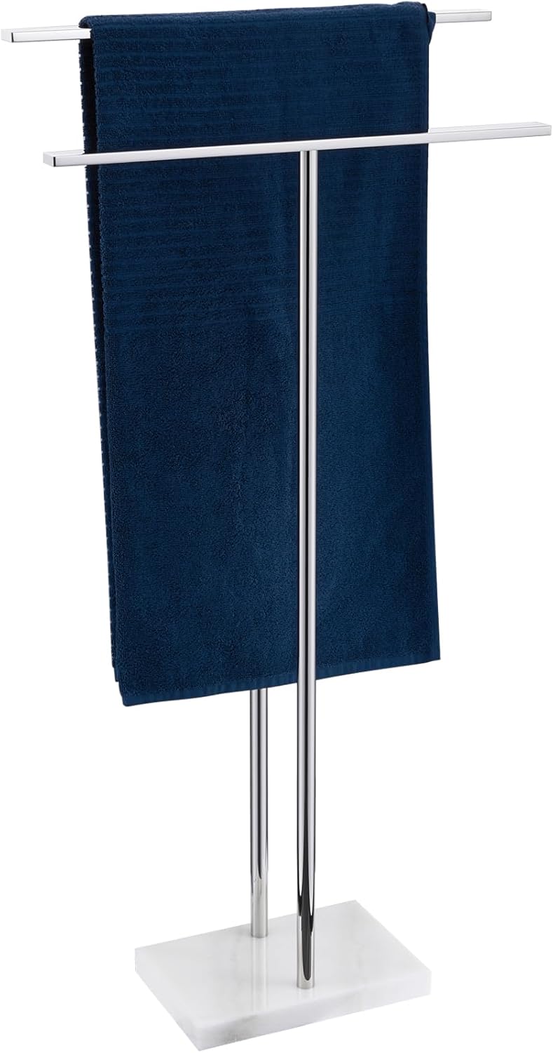 Free Standing Towel Racks Matte Black 2-Tier Towel Holder for Bathroom Floor Stand with Heavy Marble Base Thicken Steady Design Stainless Steel AN7001MB