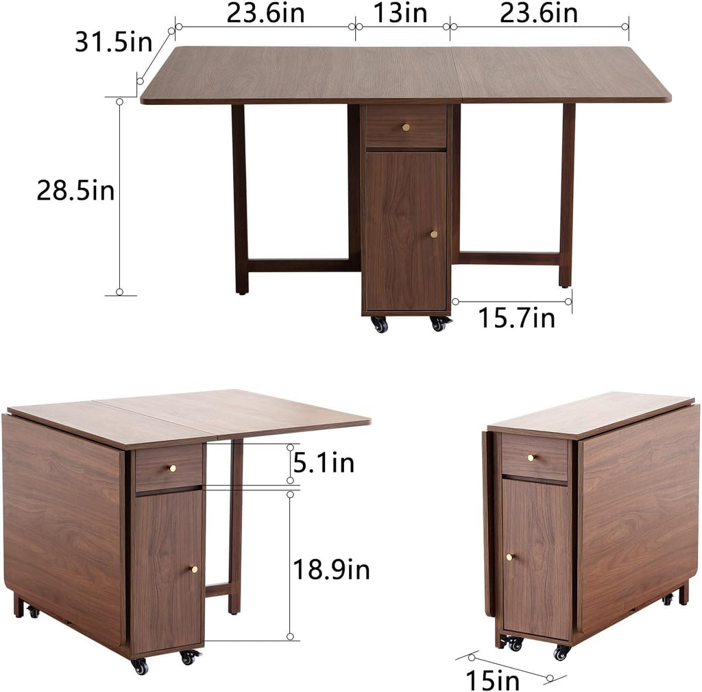 Extendable Drop Leaf Foldable Dining Table with 2 Drawers and 4 Wheels for Living Room Kitchen Farmhouse Space Saving Table in Walnut
