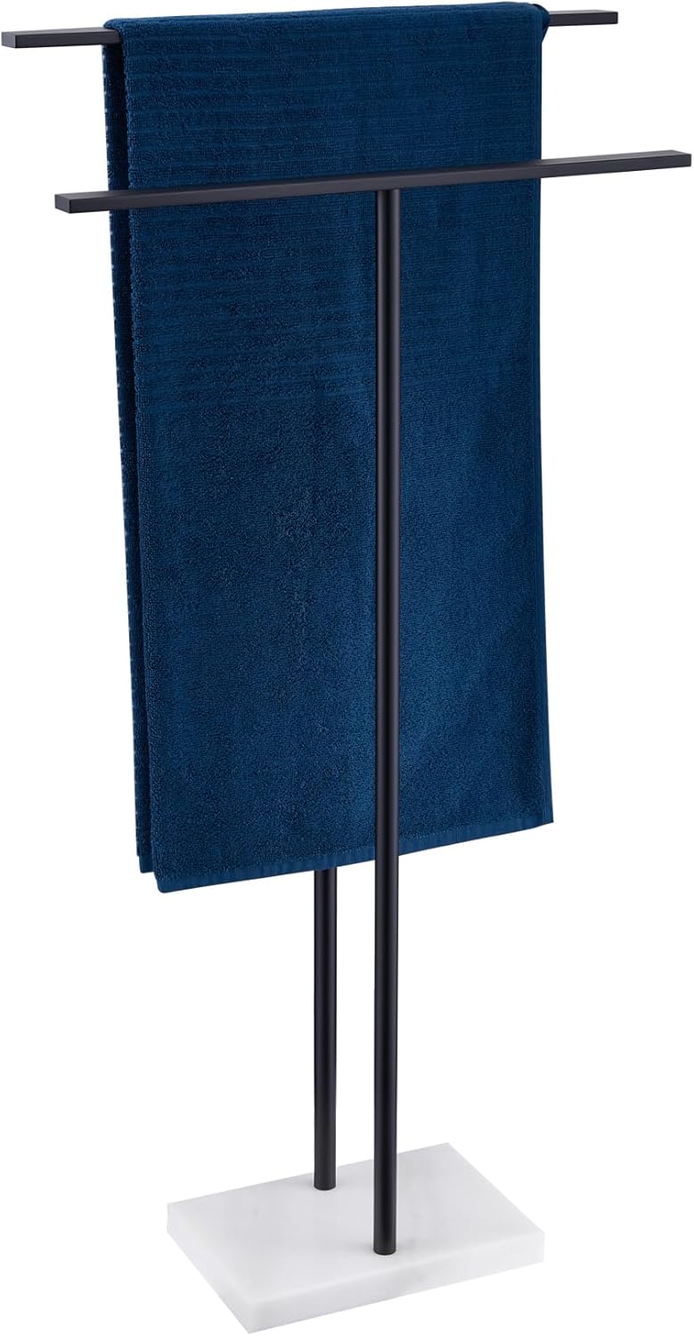 Free Standing Towel Racks Matte Black 2-Tier Towel Holder for Bathroom Floor Stand with Heavy Marble Base Thicken Steady Design Stainless Steel AN7001MB