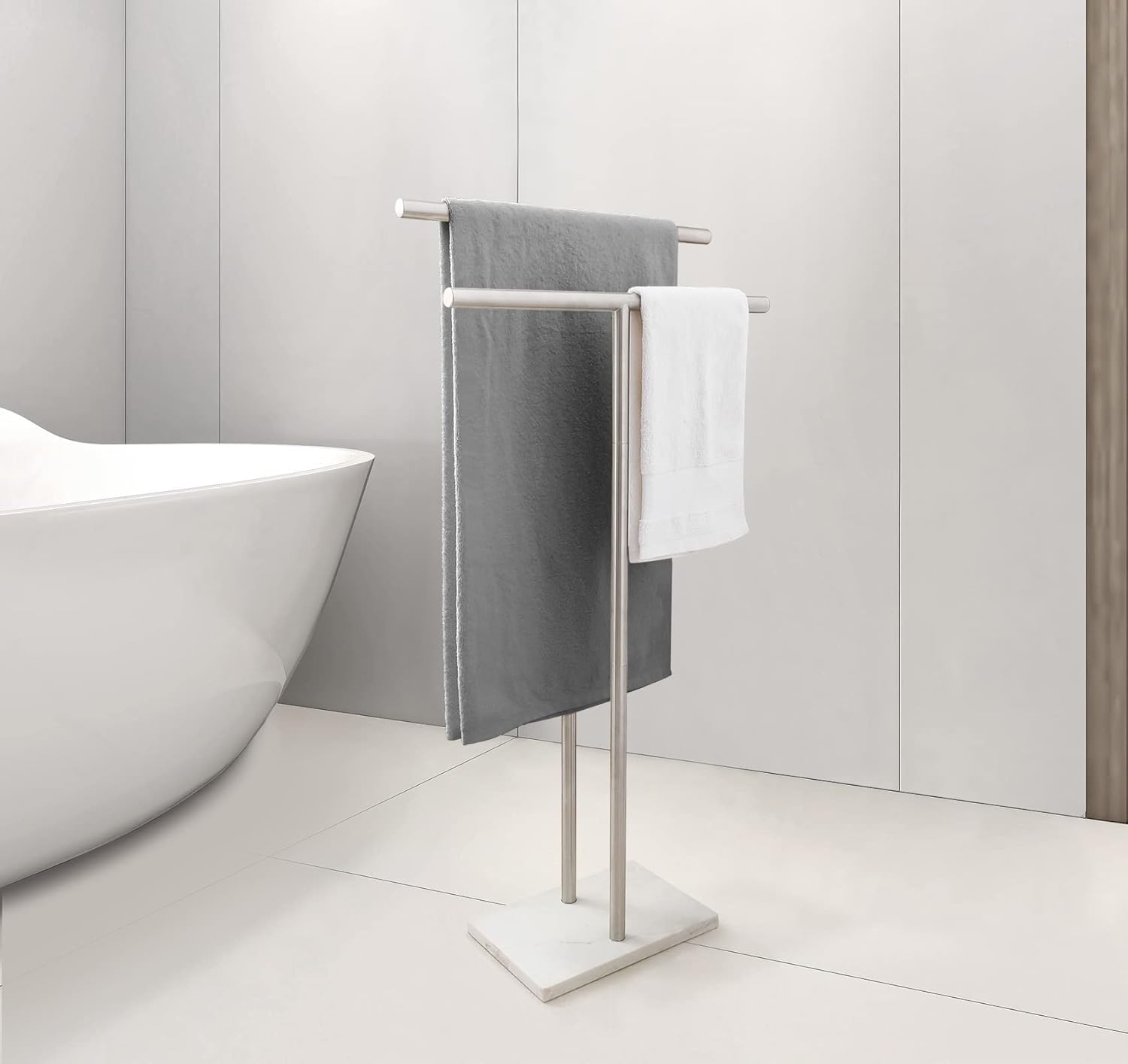 40 Inch Standing Towel Rack Double-T Shape Tall Bath Towel Sheet Holder with Marble Design Base for Bathroom Floor Next to Tub or Shower 2 Tier Towel Holder Stand Stainless Steel Brushed Nickel