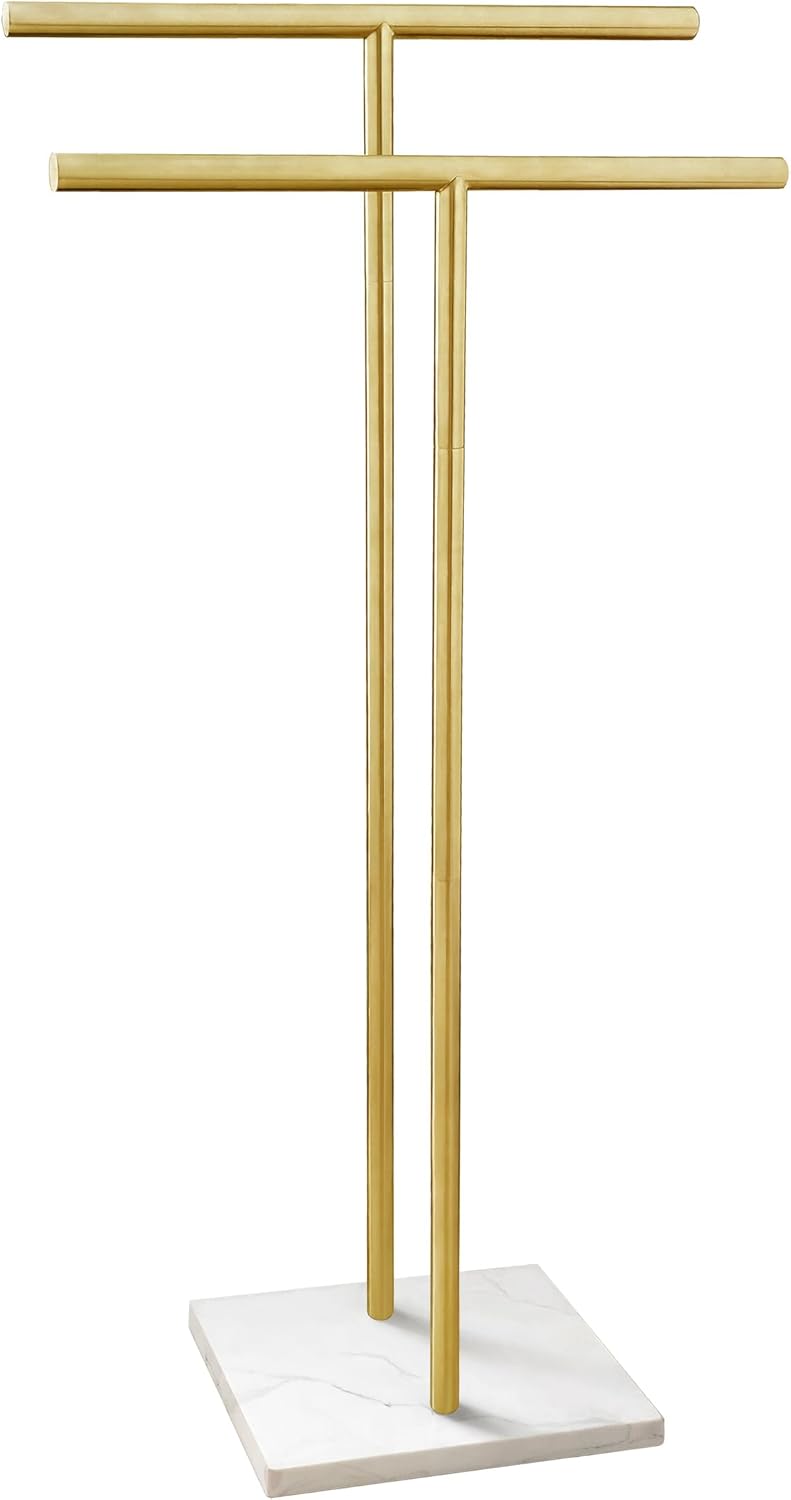 40 Inch Standing Towel Rack Double-T Shape Tall Bath Towel Sheet Holder with Marble Design Base for Bathroom Floor Next to Tub or Shower 2 Tier Towel Holder Stand Stainless Steel Brushed Nickel