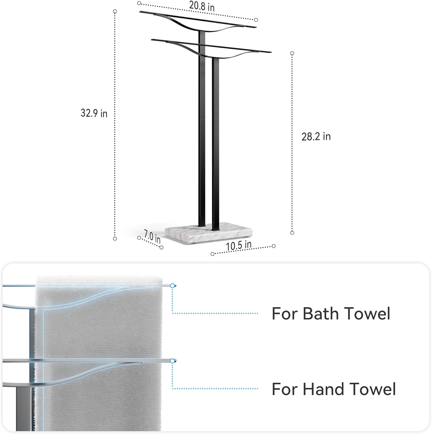 Bathroom Towel Rack Freestanding Floor Stand: Black 33in 2‑Bar Weighted Marble Base Towel Holder, Rustproof 304 Stainless Steel Drying Rack for Bath&Hand Towels, No‑Drill Slim Organizer, Spa Pool