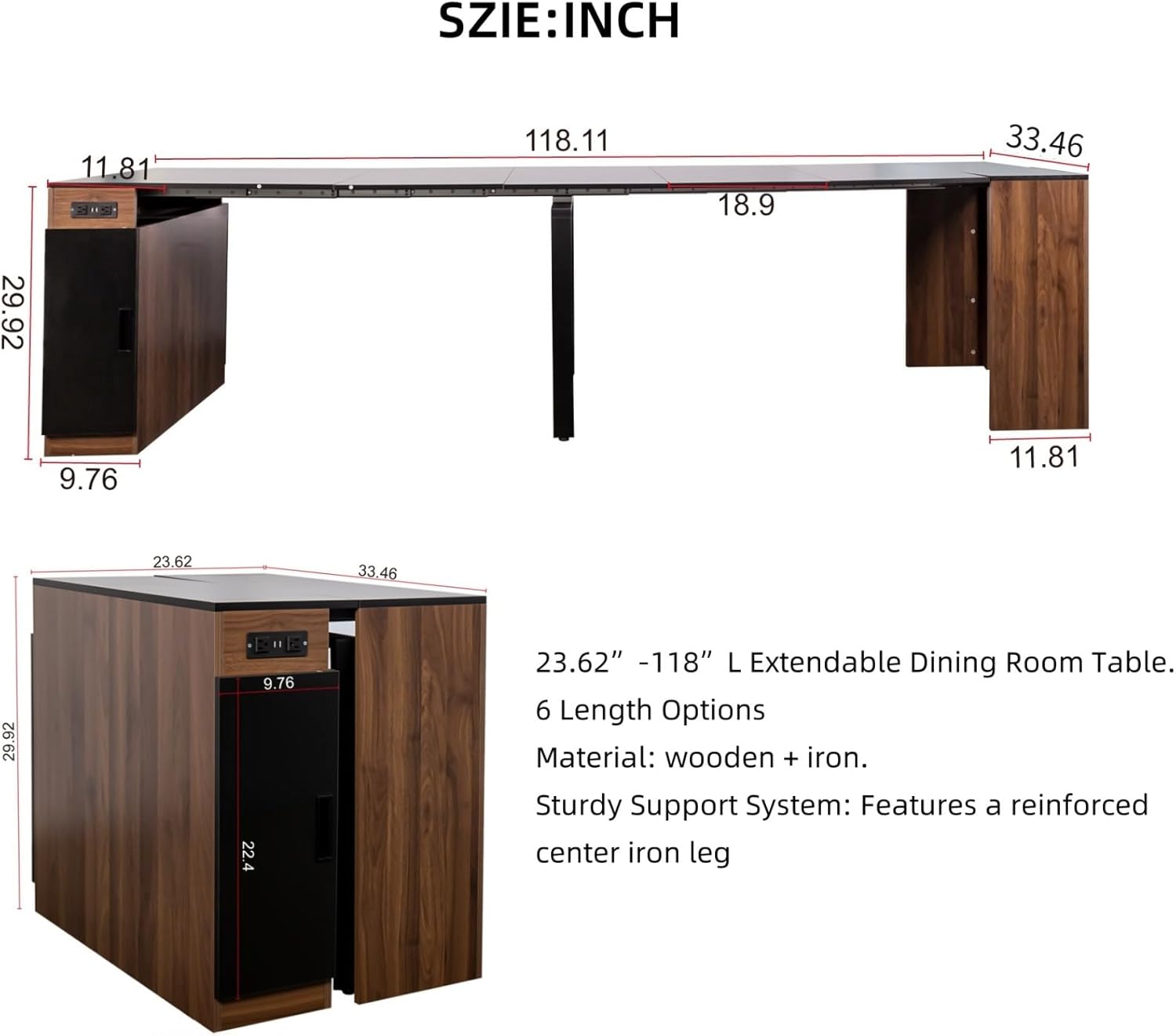 KEIKI 23.62”-118”L Extendable Foldable Dining Room Table with Storage Cabinet & Outlet, 1-10 People Wood Modern Rectangle Expandable Furniture for Kitchen Living Meeting Room, 6 Length Options