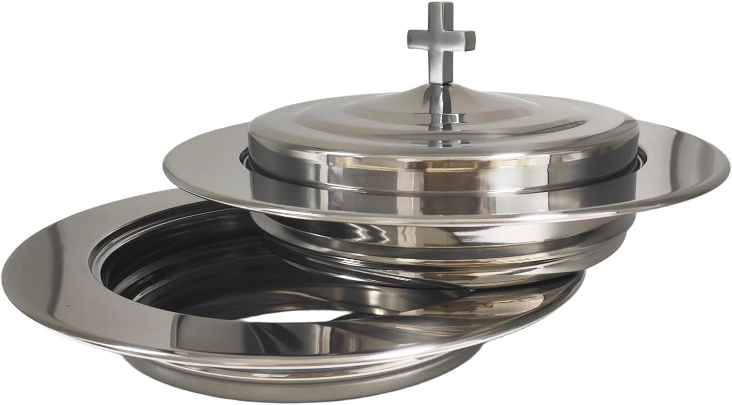 Polished Steel Communion Bread Plate Set with 1 Cover for Churches, Stackable Bread Tray Plates with Lid
