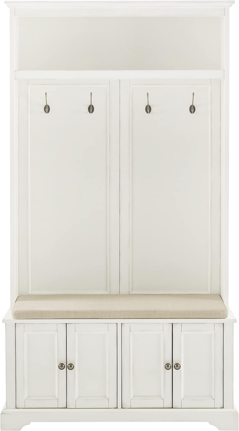 Crosley Furniture Holbrook Hall Tree with Shoe Rack Bench and Coat Hooks for Hanging Storage, Distressed White