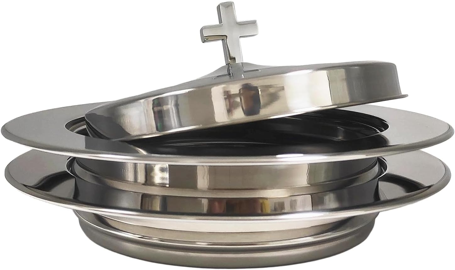 Polished Steel Communion Bread Plate Set with 1 Cover for Churches, Stackable Bread Tray Plates with Lid