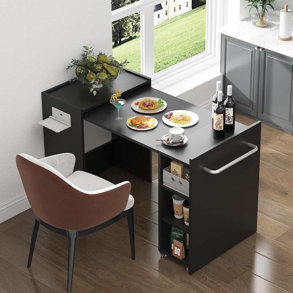 smilesun Folding Dining Table, Wall Mount Foldable Kitchen Table w/Fabric Drawer & Adjustable Storage Shelf, Space Saving Compact Expandable Pull Out Table for Small Spaces, White