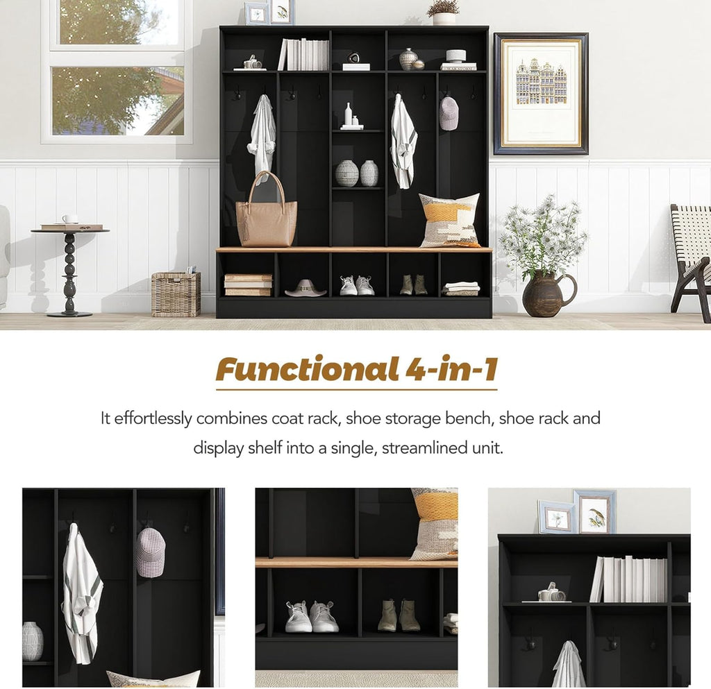 Wide Hall Tree With Shoe Storage Bench, Minimalist Entryway Coat Rack, Cube Storage and Shelves, Multifunctional Mudroom With 8 Hooks for Hallway (Black)