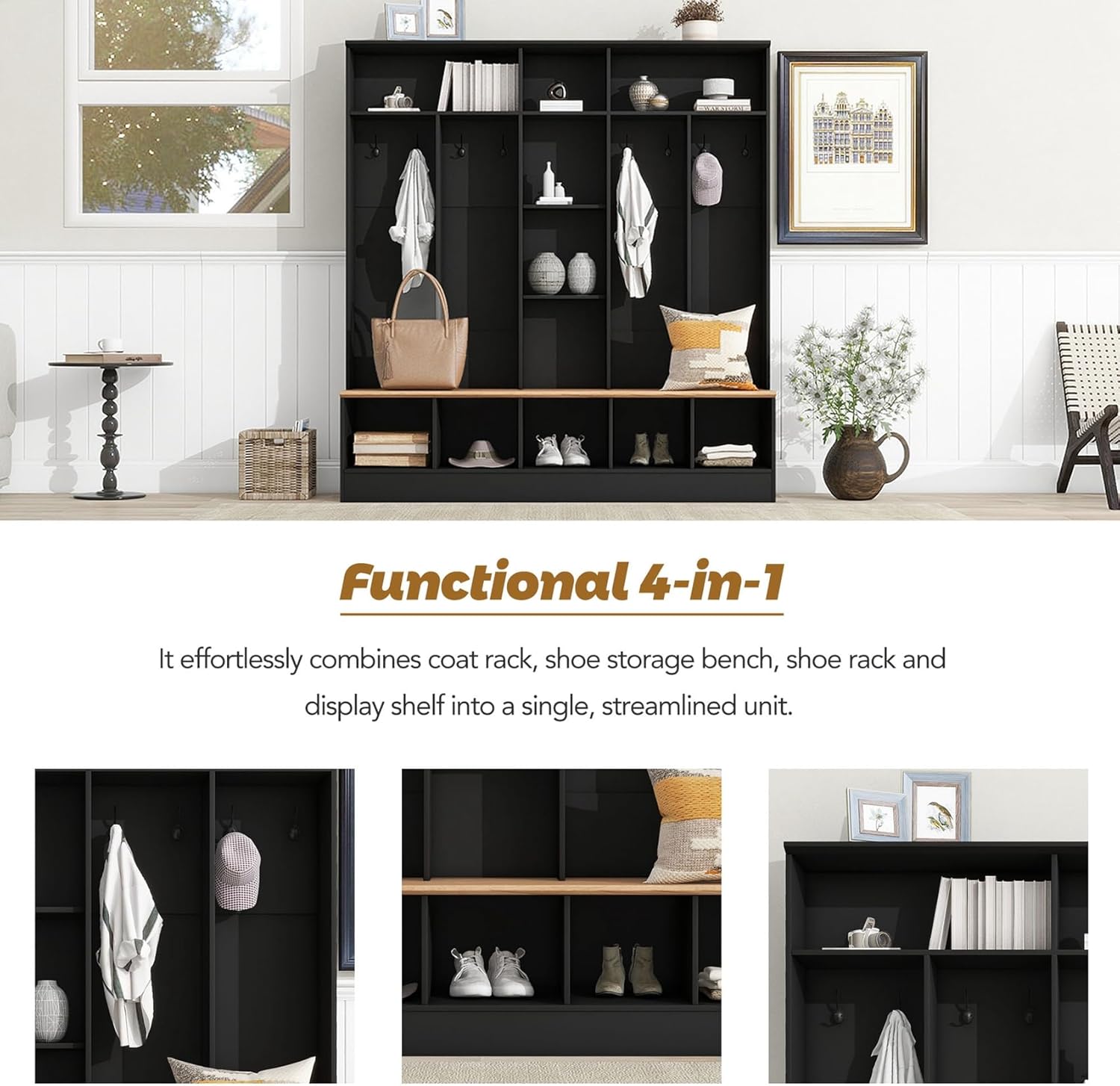 Wide Hall Tree With Shoe Storage Bench, Minimalist Entryway Coat Rack, Cube Storage and Shelves, Multifunctional Mudroom With 8 Hooks for Hallway (Black)