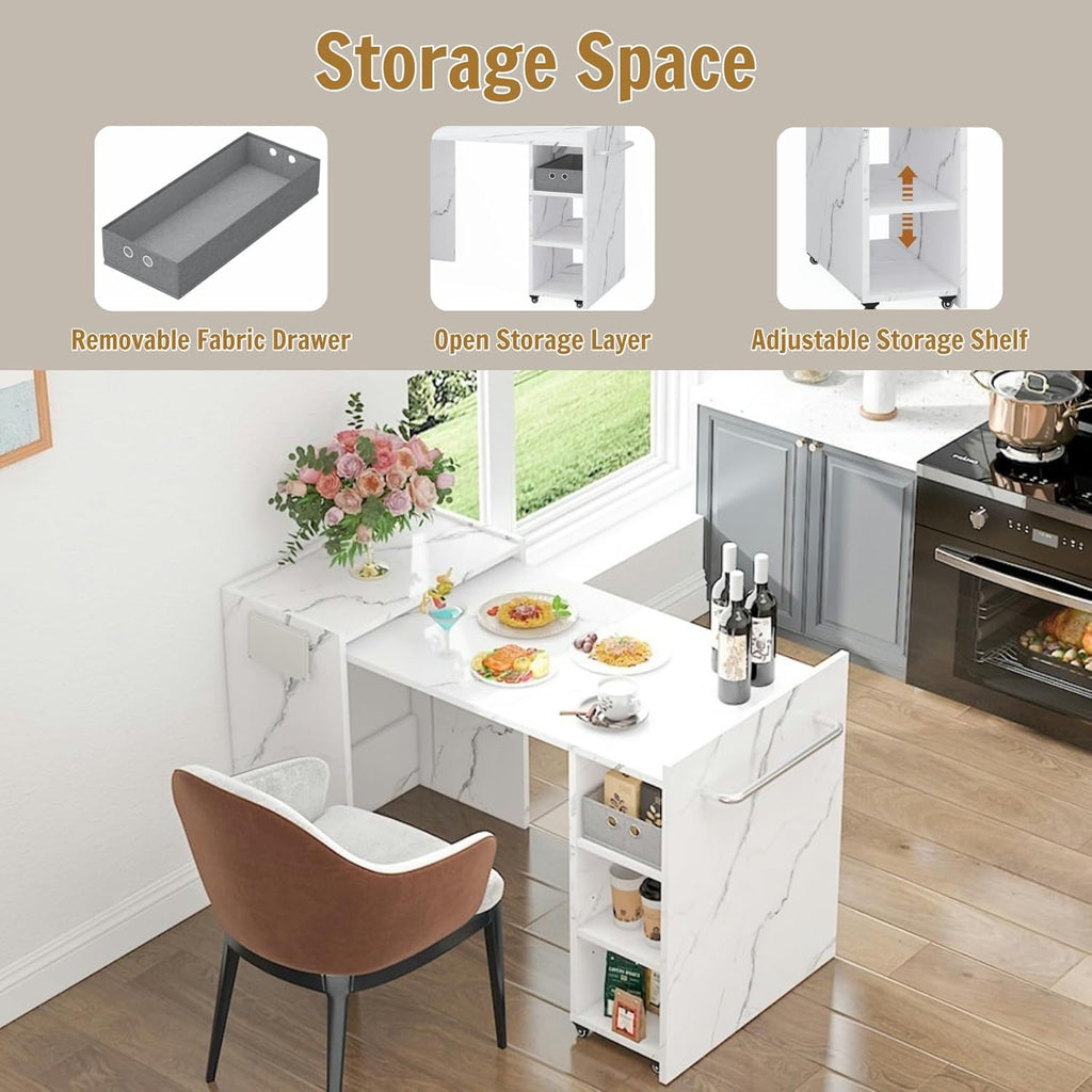 smilesun Folding Dining Table, Wall Mount Foldable Kitchen Table w/Fabric Drawer & Adjustable Storage Shelf, Space Saving Compact Expandable Pull Out Table for Small Spaces, White