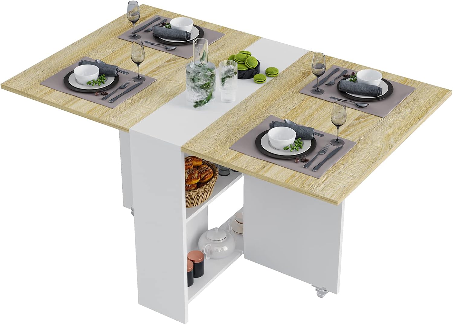 Tiptiper Folding Dining Table with 2 Storage Racks, Drop Leaf Table with 6 Wheels, Multifunction Expandable Table for Kitchen, Bedroom, Living Room