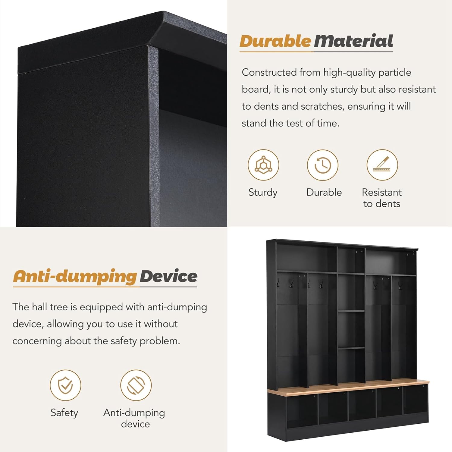 Wide Hall Tree With Shoe Storage Bench, Minimalist Entryway Coat Rack, Cube Storage and Shelves, Multifunctional Mudroom With 8 Hooks for Hallway (Black)