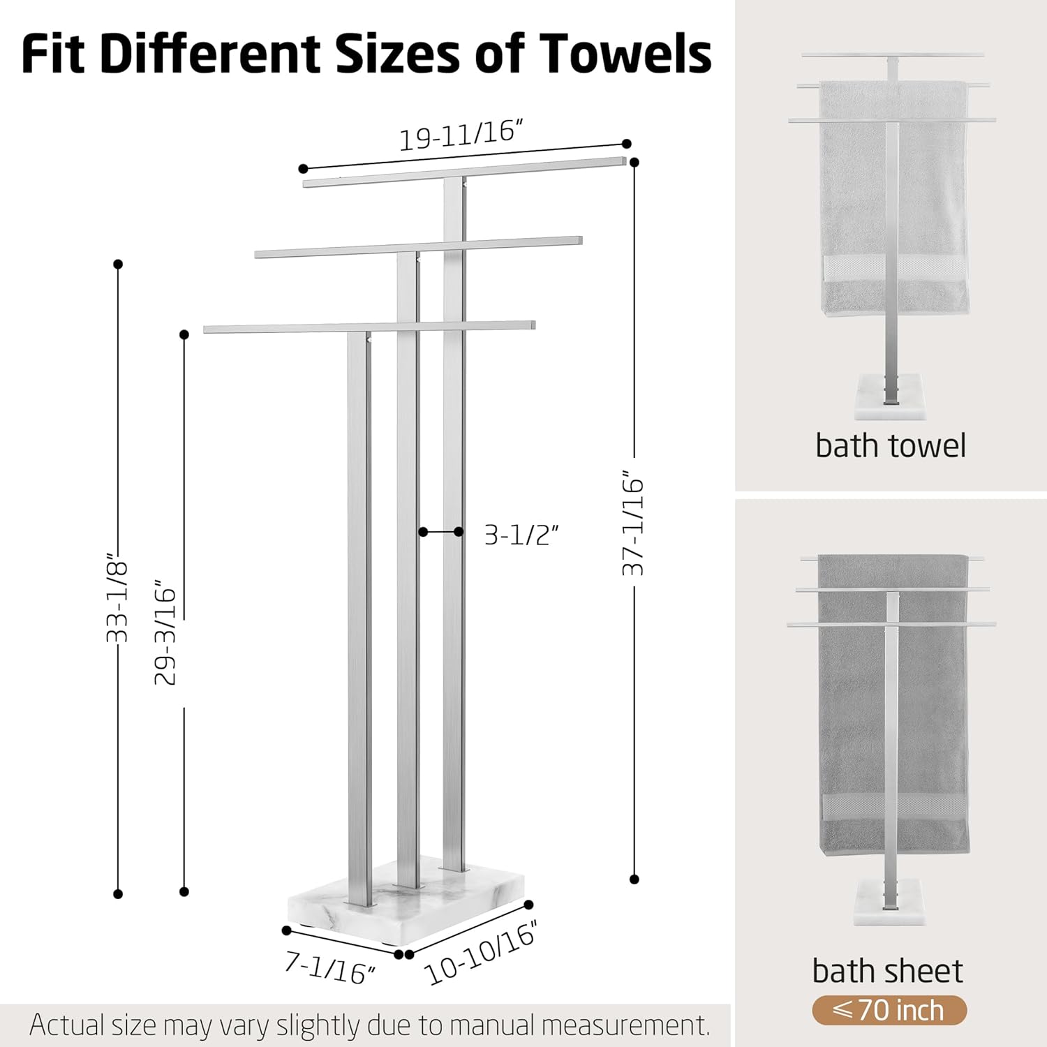 KES Standing Towel Rack 3-Tier with Heavy Marble Base, Free Standing Towel Racks for Bathroom Floor, SUS304 Stainless Steel Brushed Finish, BTH217S3-2
