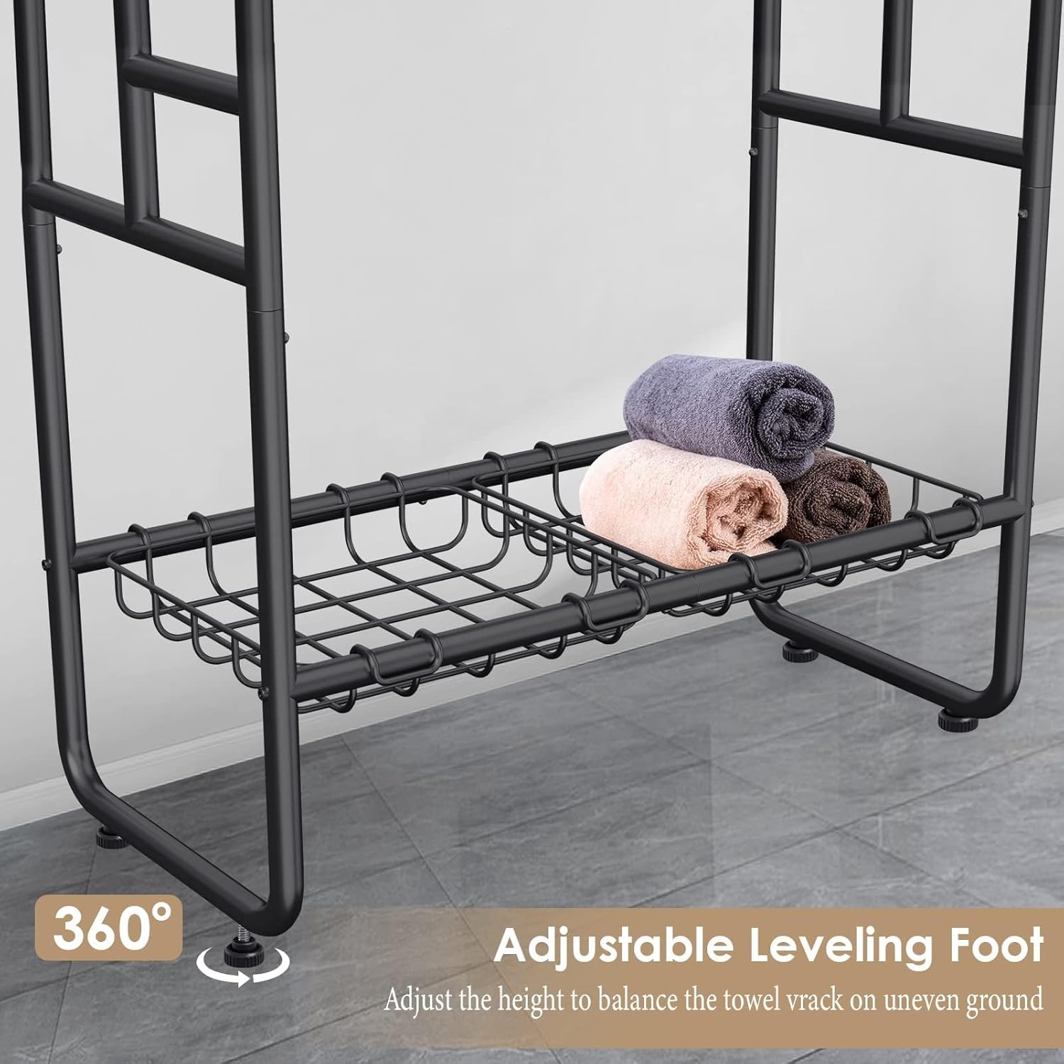 Kayfia 40" Tall Standing Towel Racks, 3 Tier Towel Stand Blanket Rack with 2 Removable Storage Baskets & 6 Hooks, Indoor Outdoor Freestanding Towel Racks for Bathroom Bedroom Organizer