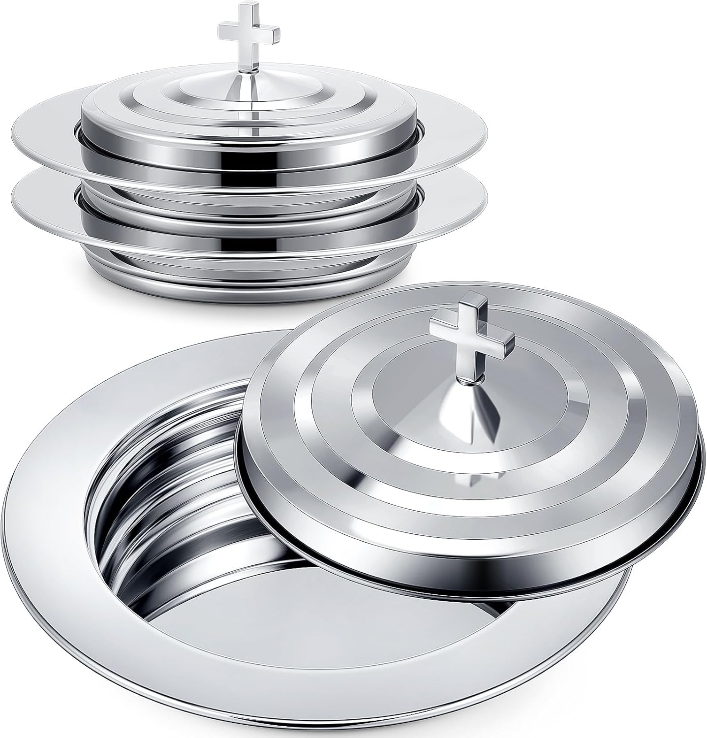 Zhehao 2 Plates Silver Communion Set, Holy Trays with Lid, Stainless Steel Bread Tray Plates for Churches, Holy Communion Tray with Cover, Polished Church Supplies Ware Sets