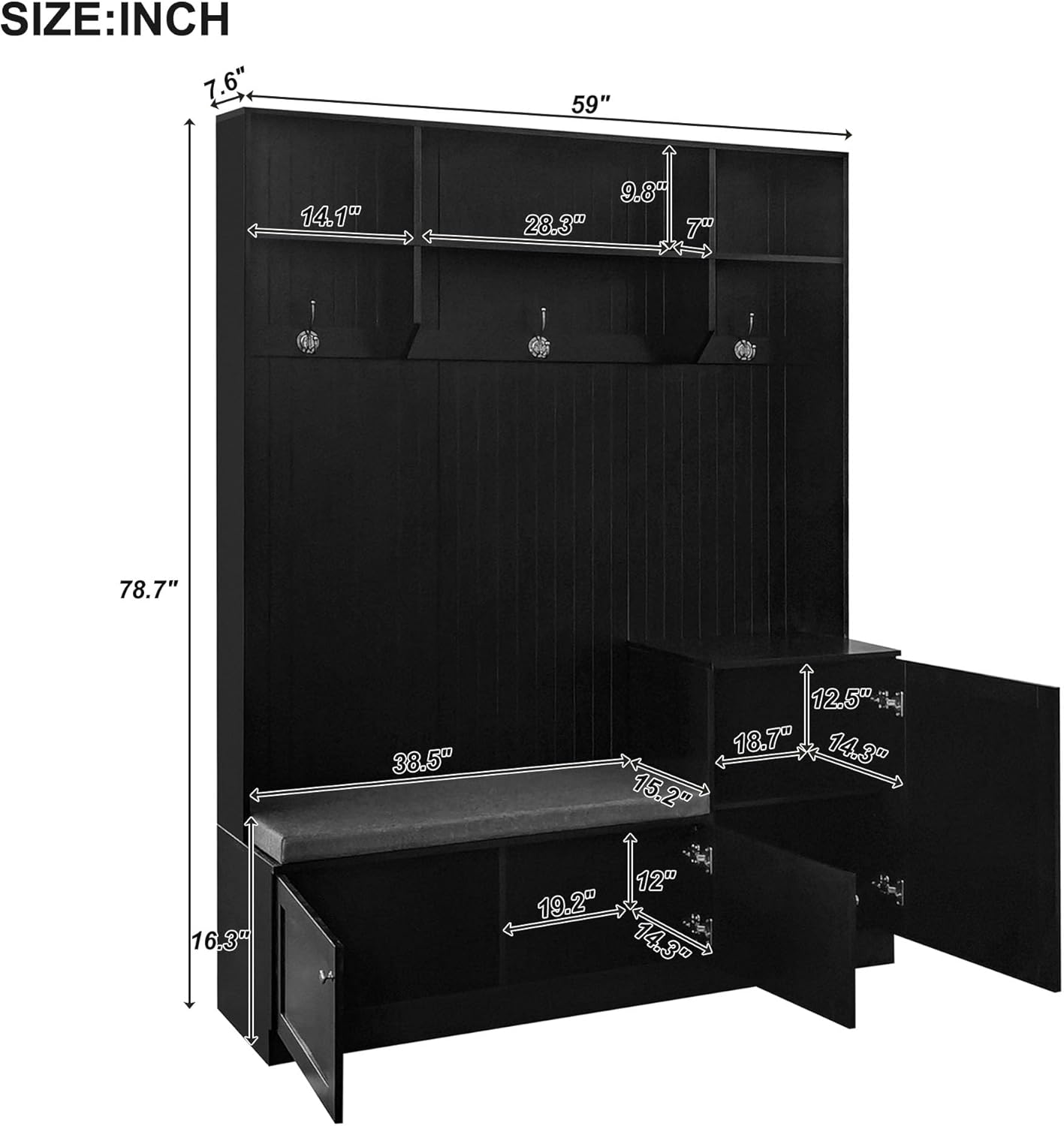 Ball & Cast Entryway Hall Tree with Shoe Storage and Bench,Modern Coat Rack w/Bench and Cushion,3 Shevlves,3 Hooks,Functional Hallway Shoe Cabine for Entrance,Hallway, Bedroom,Black