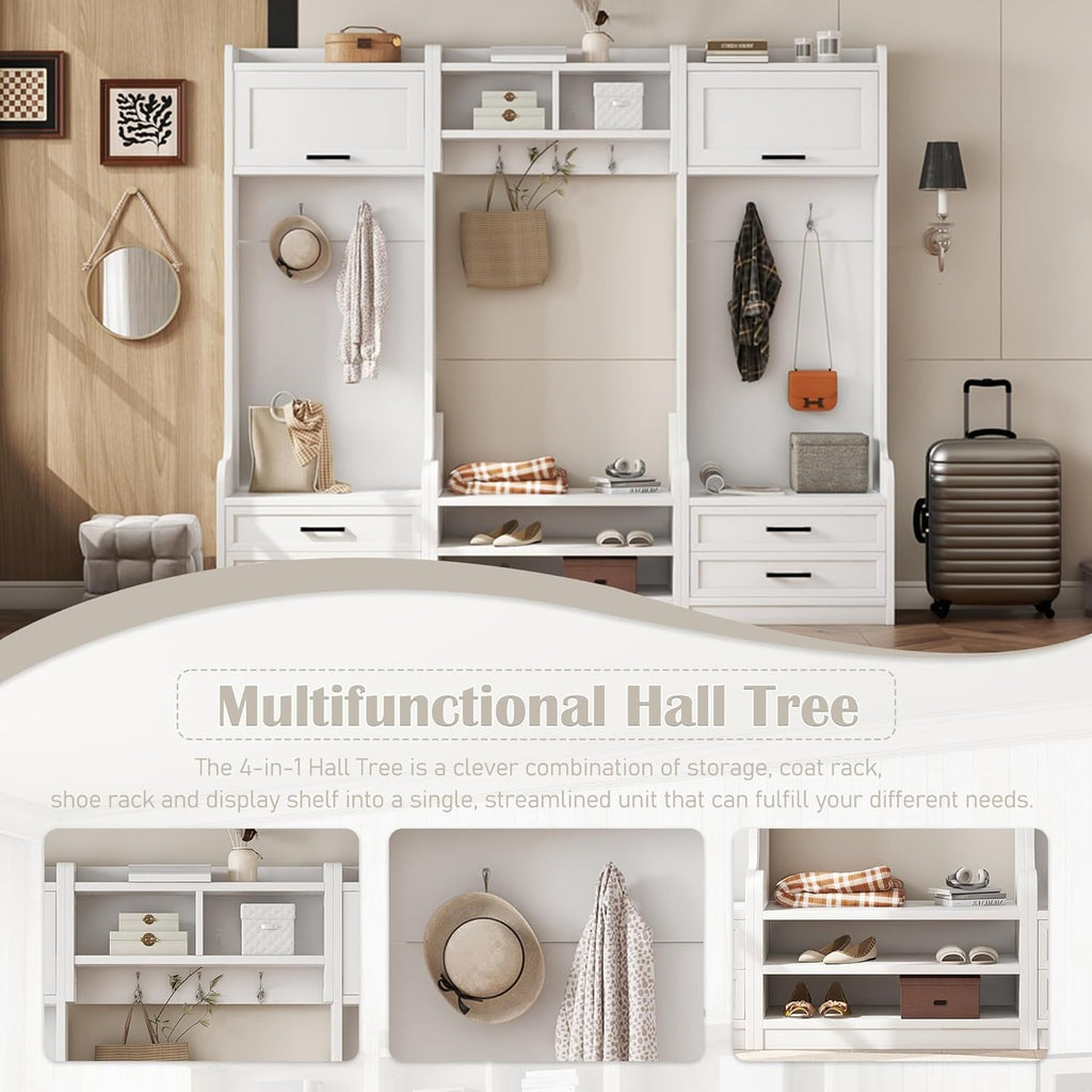 Wide Hall Tree with Storage Bench, Wood Coat Rack with 4 Drawers and 7 Hooks, Detachable Mudroom Organizer with Shoes Storage Shelves for Entryway Hallway, White
