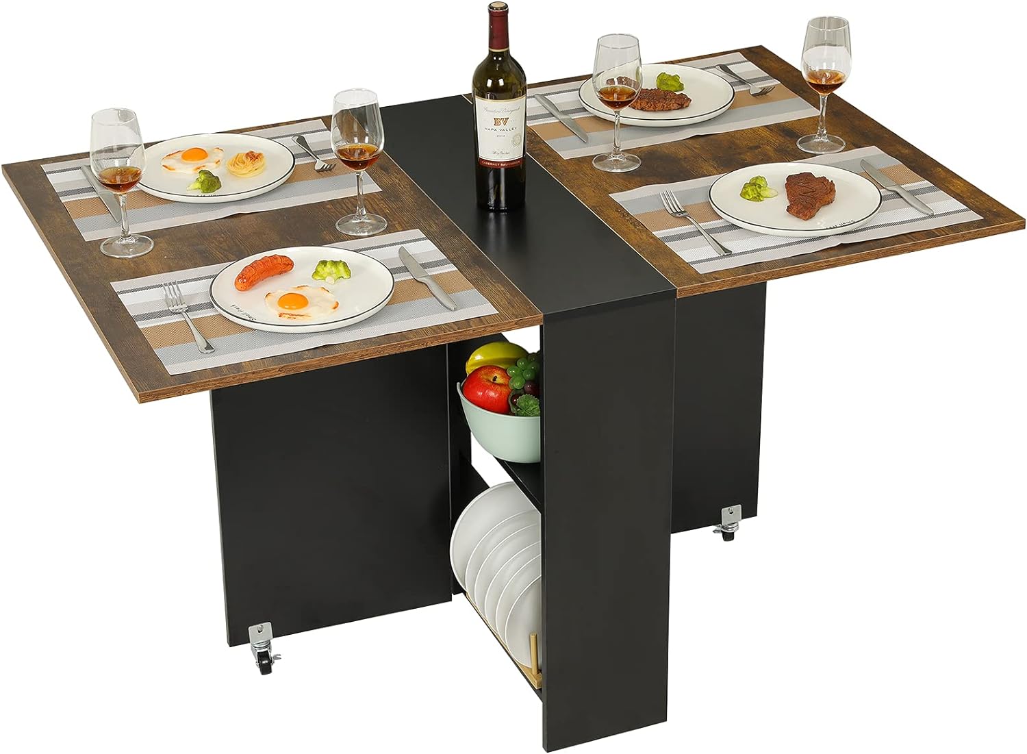 Tiptiper Folding Dining Table with 2 Storage Racks, Drop Leaf Table with 6 Wheels, Multifunction Expandable Table for Kitchen, Bedroom, Living Room
