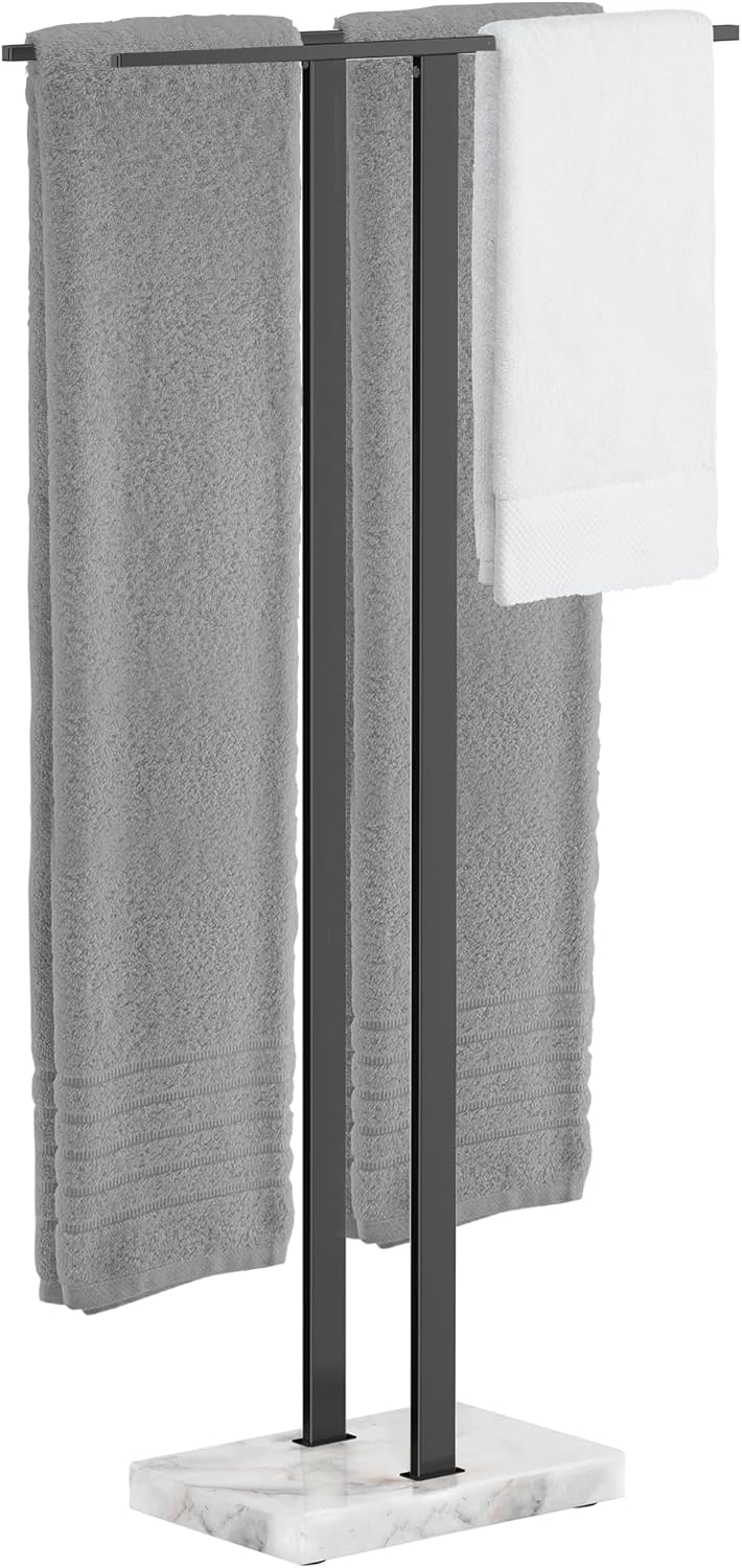 KES Standing Towel Rack with Marble Base, 2-Tier Towel Stand for Bathroom Floor, Upgrade Steady Design, T-Shaped Towel Drying Rack Gold, SUS304 Stainless Steel, Brushed Gold Finish, BTH217-BZ