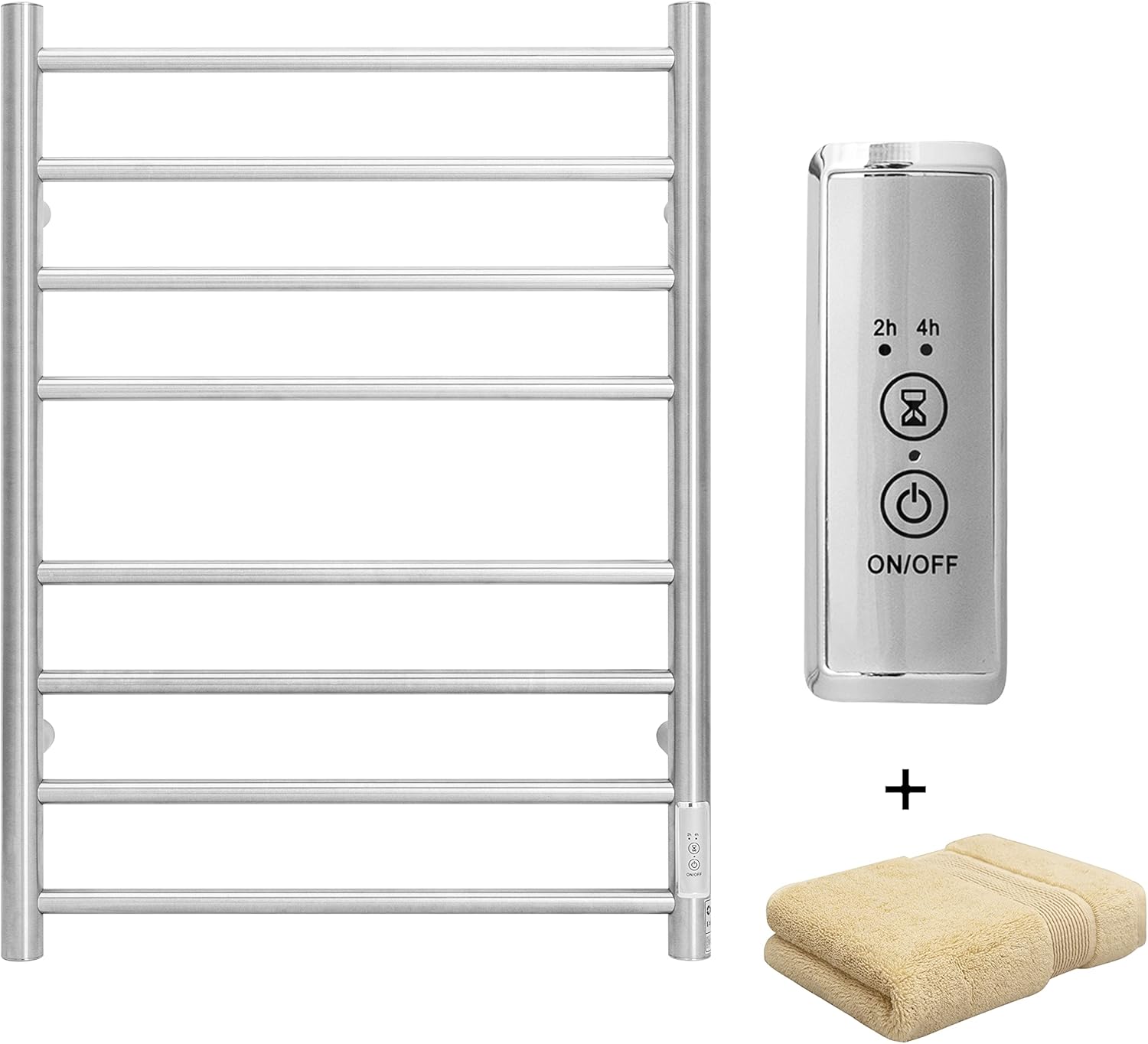 KEG Towel Warmer 8 Bars for Bathroom Freestanding or Wall Mounted Bath Towel Heater Plug-in with Built-in Timer Silver