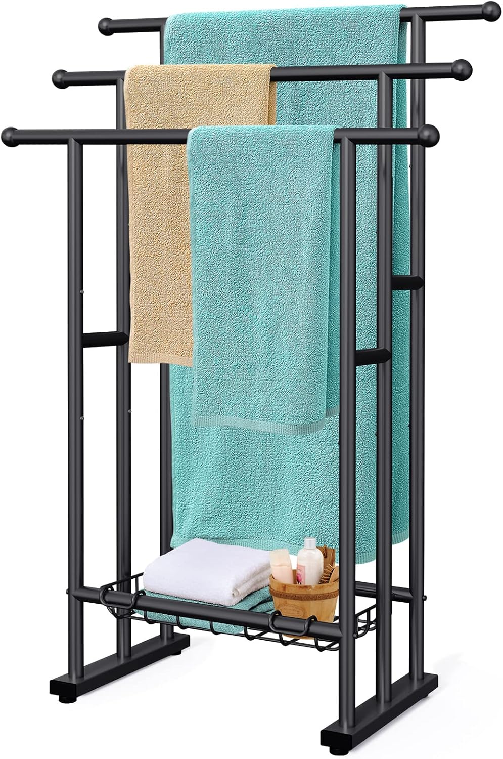 40" Tall Freestanding Towel Racks for Bathroom, 3 Tier Floor Towel Rack with Storage Basket, Blanket Ladder Drying and Display Rack for Large Bath & Hand Towel Outdoor Poolside (Silver)